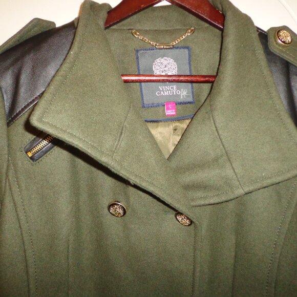 NWOT VINCE COMUTO Military-Style Wool Pea Coat W's L Army Green Gold Buttons - Picture 7 of 16